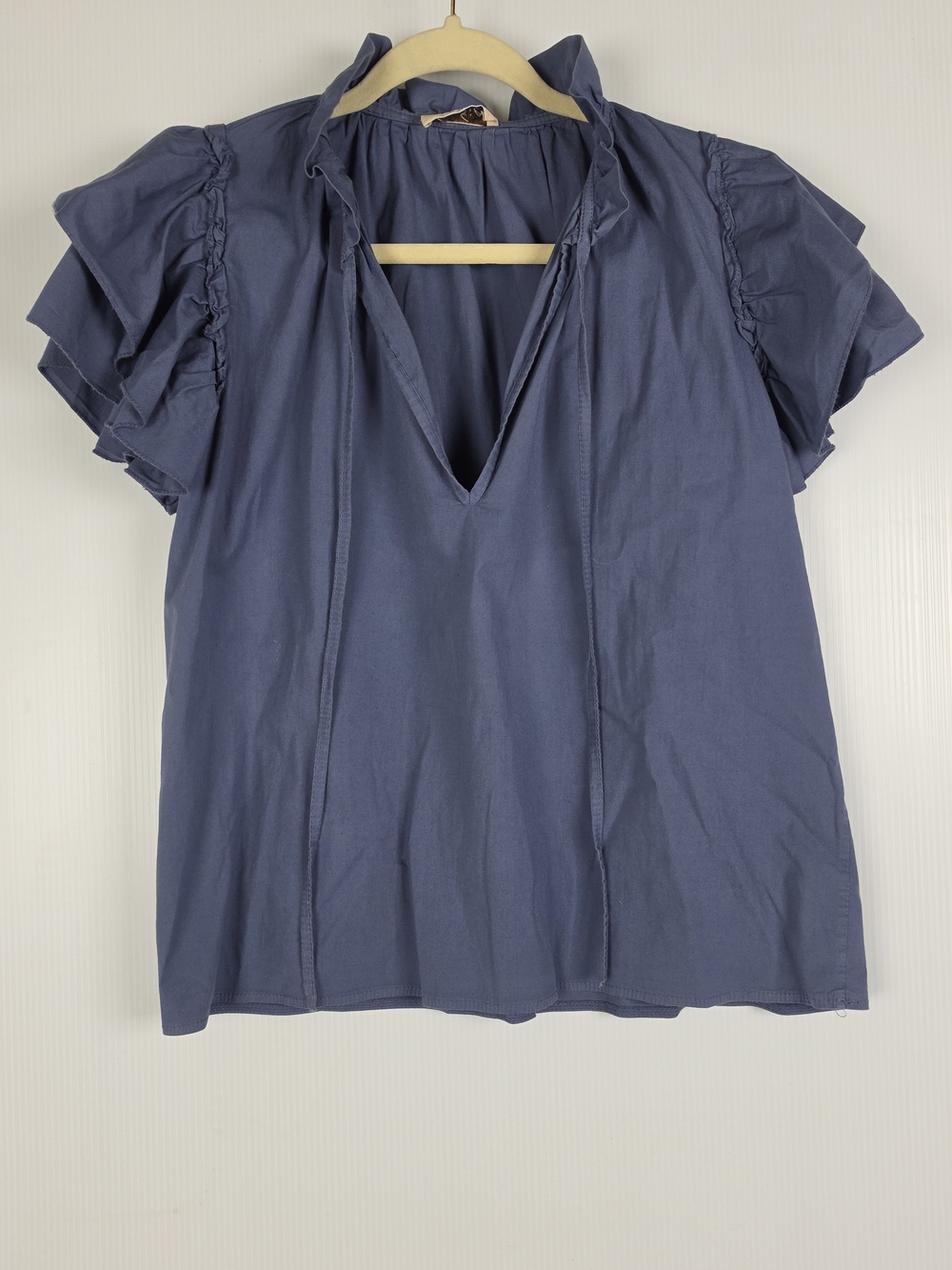 Ruffle Sleeve V-Neck Blouse in Slate Blue, Sofia Made In Italy